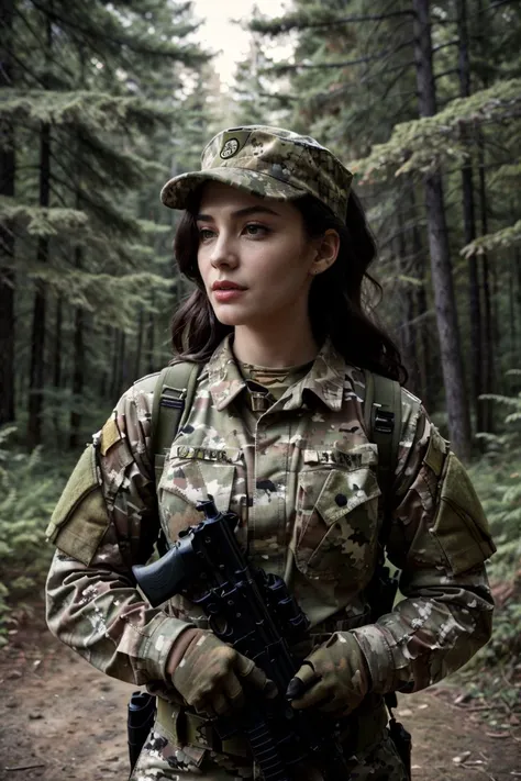 woman, wearing army camouflage uniform,cap,rifle,forest,camp,<lora:Army uniform By Stable yogi:1>, in style of James Jean and Victo Ngai:2, dark atmosphere, spring, cinematic lighting, trending on artstation,4k