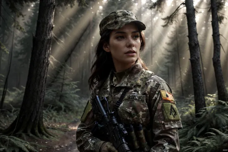 woman, wearing army camouflage uniform,cap,rifle,forest,camp,<lora:Army uniform By Stable yogi:1>,, <lora:GoodHands-beta2:1>,nice hands,perfect hand anatomy, by Stanley Artgerm Lau, Greg Rutkowski, Alphonse Mucha, Beautiful dynamic dramatic dark moody lighting, shadows, cinematic atmosphere, Artstation, concept design art, Octane render,8K