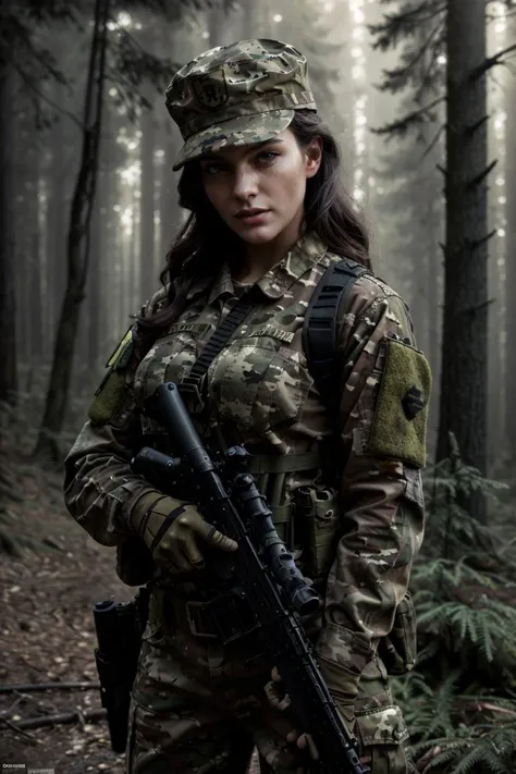 woman, wearing army camouflage uniform,cap,rifle,forest,camp,<lora:Army uniform By Stable yogi:1>,, <lora:GoodHands-beta2:1>,nice hands,perfect hand anatomy, by Stanley Artgerm Lau, Greg Rutkowski, Alphonse Mucha, Beautiful dynamic dramatic dark moody lighting, shadows, cinematic atmosphere, Artstation, concept design art, Octane render,8K