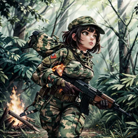 1girl, running, view from below, <lora:Army uniform By Stable yogi:1> wearing army camouflage uniform, pants, rangers, cap, forest, camp, firering, under attack,bullet holes, aiming at enemies, <lora:BouncingBreastsV2:1> bouncing breasts, unaligned breasts, motion lines, motion blur, breasts, short hair <lora:ak47_7:0.6> assault_rifle, ak-47, holding, weapon <lora:add_detail:1>