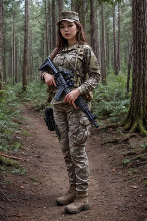 1 woman, beautiful, cute, detailed full body shot, <lora:DETAIL_SLIDER_BY_STABLE_YOGI:2> <lora:Army uniform By Stable yogi:0.8>wearing army camouflage uniform, cap, rifle, forest, camp