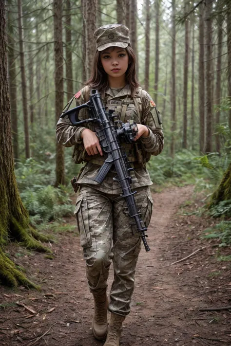 1 woman, beautiful, cute, detailed full body shot, <lora:DETAIL_SLIDER_BY_STABLE_YOGI:2> <lora:Army uniform By Stable yogi:0.8>wearing army camouflage uniform, cap, rifle, forest, camp