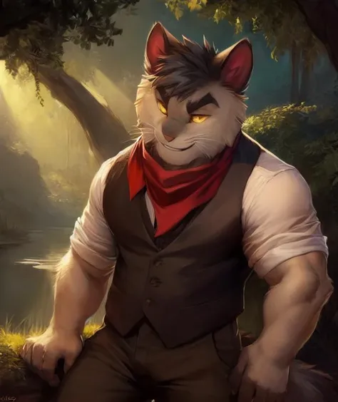 male anthro, (((Nico))), cat boy, furry (fluffy body, detailed fur), BREAK, cat ears, short gray hair, thick eyebrows, (detailed yellow eyes, colored sclera), short snout, whiskers, ((looking at viewer, confident, smile)), BREAK, muscular male, solo, biceps, detailed hands, white body, pecs, BREAK, ((red kerchief,  vest, white shirt, brown pants)), outdoors, swamp, nenuphar, bayou, BREAK, by einshelm, by chunie, highly detailed background, detailed bonifasko lighting, (detailed ambient light), (belly light), (hires, 8k, ((masterpiece))), [high angle view], <lora:nico-10:0.9>