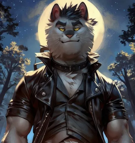 (by taran fiddler), (by darkgem:0.8), from below:1.35,bigger male:1.2, perspective view:1.2, (by chunie:1), cat face, cat ears,cat nose,masterpiece, detailed fur, portrait, yellow eyes,colored sclera,seductive, looking at viewer, smile, confident look,dominant,(nico:1.2), (detailed pixar eyes:1.2), detailed eyes, male, anthro, hair, pecs,collar,clothes, leather jacket, (punk outfit), close up, POV, embracing the viewer, in front of viewer, chest close-uo:1.3, view from chest,lover_POV, from the viewer,lover,embracing viewer,cropped,male focus, (night, outside), <slora:add_detail:0.3>, <lora:nico-50:1>, cropped chest:1.4, looking at camera, pecs,smile,heart warming,lovely
