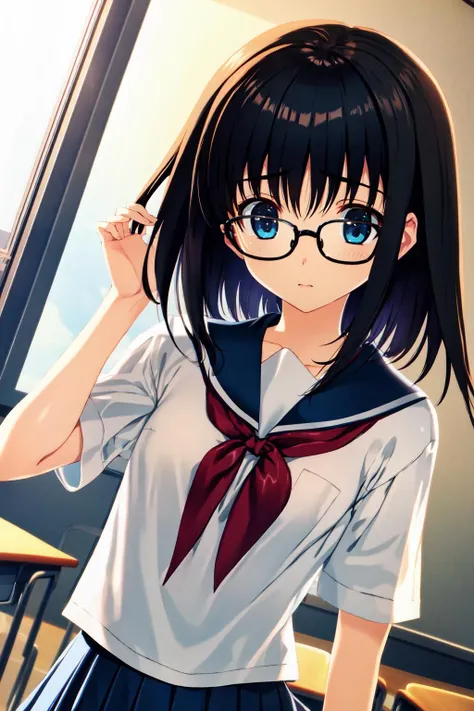 best quality, ultra-detailed, an extremely delicate and beautiful, high resolution, extremely detailed CG, masterpiece,
cowboy shot,
(sad:0.8),
(wearing detailed school uniform:1.3),
classroom,
tenshinoinai12, nakamura takeshi, (kurihara touko:1.2), 1girl, solo, glasses, black hair, blue eyes, black-framed eyewear, short hair,
(small breasts:1.2),
<lora:tenshinoinai12_V1_1:0.7>,
<lora:outline:-0.5>,