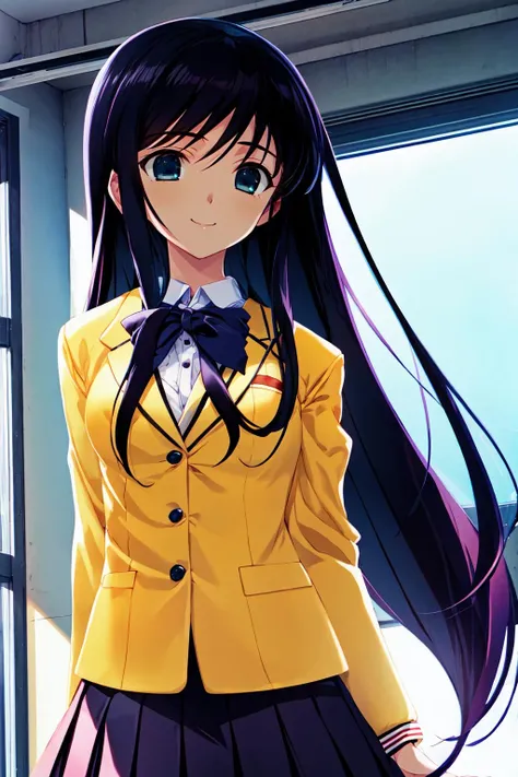 best quality, ultra-detailed, an extremely delicate and beautiful, high resolution, extremely detailed CG, masterpiece,
cowboy shot,
(light smile:0.8),
(wearing detailed blazer school uniform:1.3),
classroom,
tenshinoinai12, nakamura takeshi, (sakaki shinobu:1.1), 1girl, solo, long hair, black hair, blue eyes,
(small breasts:1.0),
<lora:tenshinoinai12_V1_1:0.7>,
<lora:outline:-0.5>, <lora:flat2:-0.2>