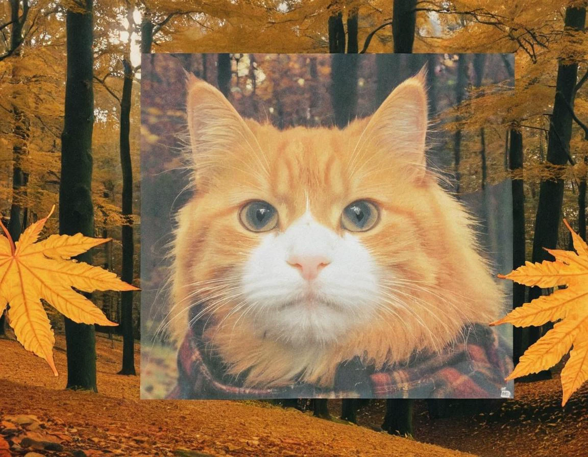 ginger fluffy cat in a autumn forest, 90sgum, y2kmad <lora:90sgum_v0.0.2-cap-e30:0.99> <lora:y2kmad_v0.0.2:0.35>