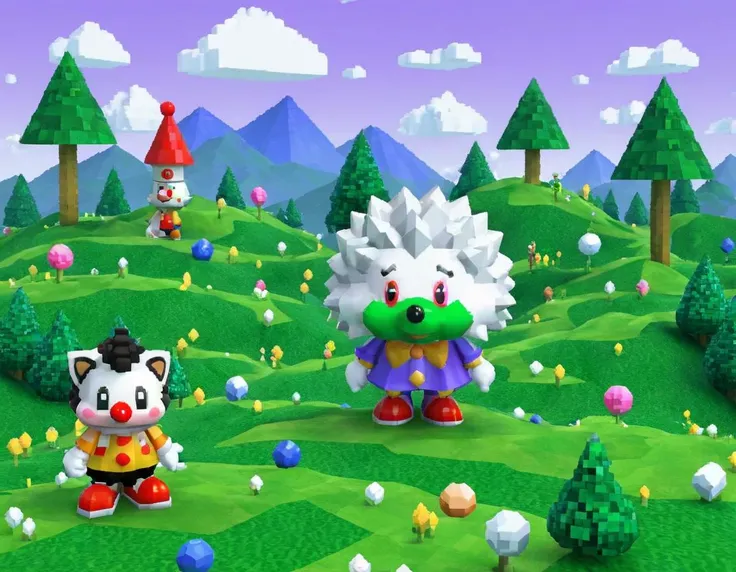90sgum, clown hedgehog character old retro game 3d, polygonal, pixelated, lo-fi, green hills backdrop, shapes and patterns, professional photosession for magazine <lora:90sgum_v0.0.2-cap-e30:0.8>