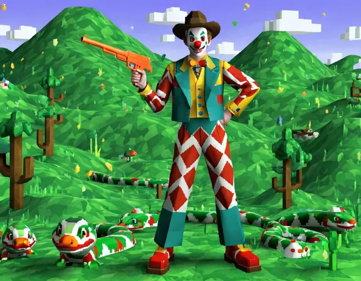 90sgum, clown (snake cowboy with a gun) character old retro game 3d, polygonal, pixelated, lo-fi, green hills backdrop, shapes and patterns, professional photosession for magazine <lora:90sgum_v0.0.2-cap-e30:0.8>