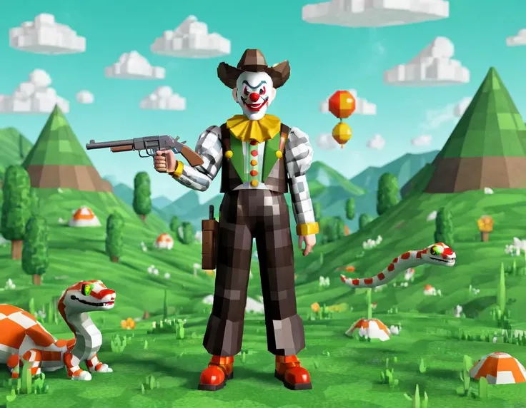 90sgum, clown (cowboy with snake head with a gun) character old retro game 3d, polygonal, pixelated, lo-fi, green hills backdrop, shapes and patterns, professional photosession for magazine <lora:90sgum_v0.0.2-cap-e30:0.8>