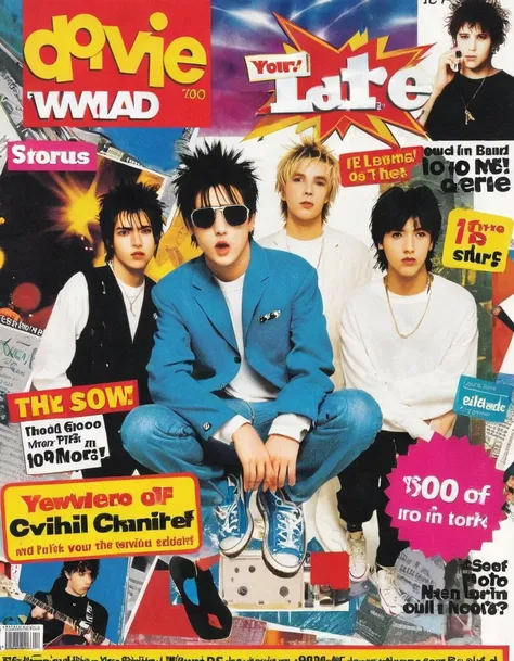 photo of a pop-rock band in a magazine, mixed media, collage, 90sgum, y2kmad <lora:90sgum_v0.0.2-cap-e30:0.65> <lora:y2kmad_v0.0.2:0.35>