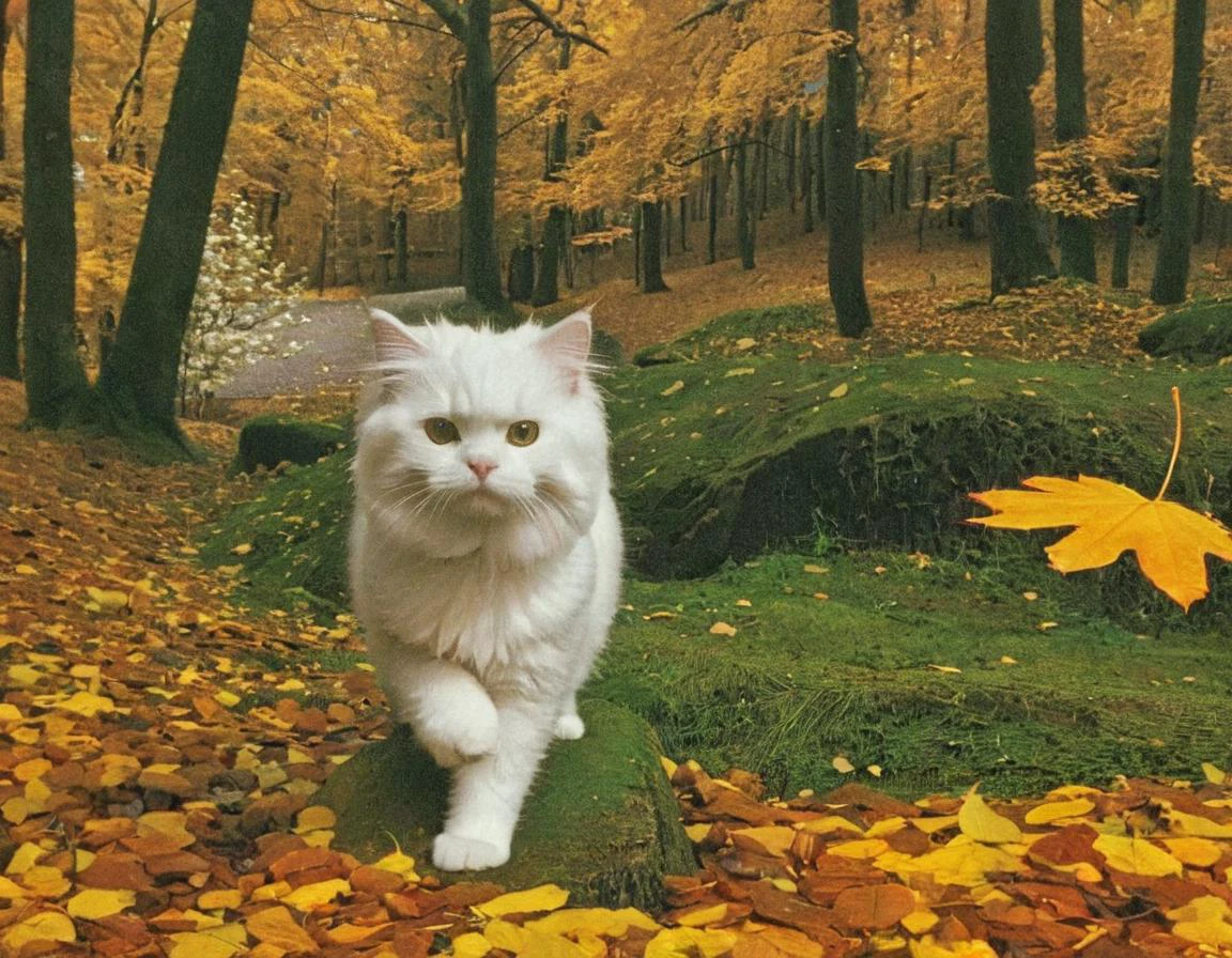 ginger fluffy cat in a autumn forest, 90sgum, y2kmad <lora:90sgum_v0.0.2-cap-e30:0.99> <lora:y2kmad_v0.0.2:0.35>