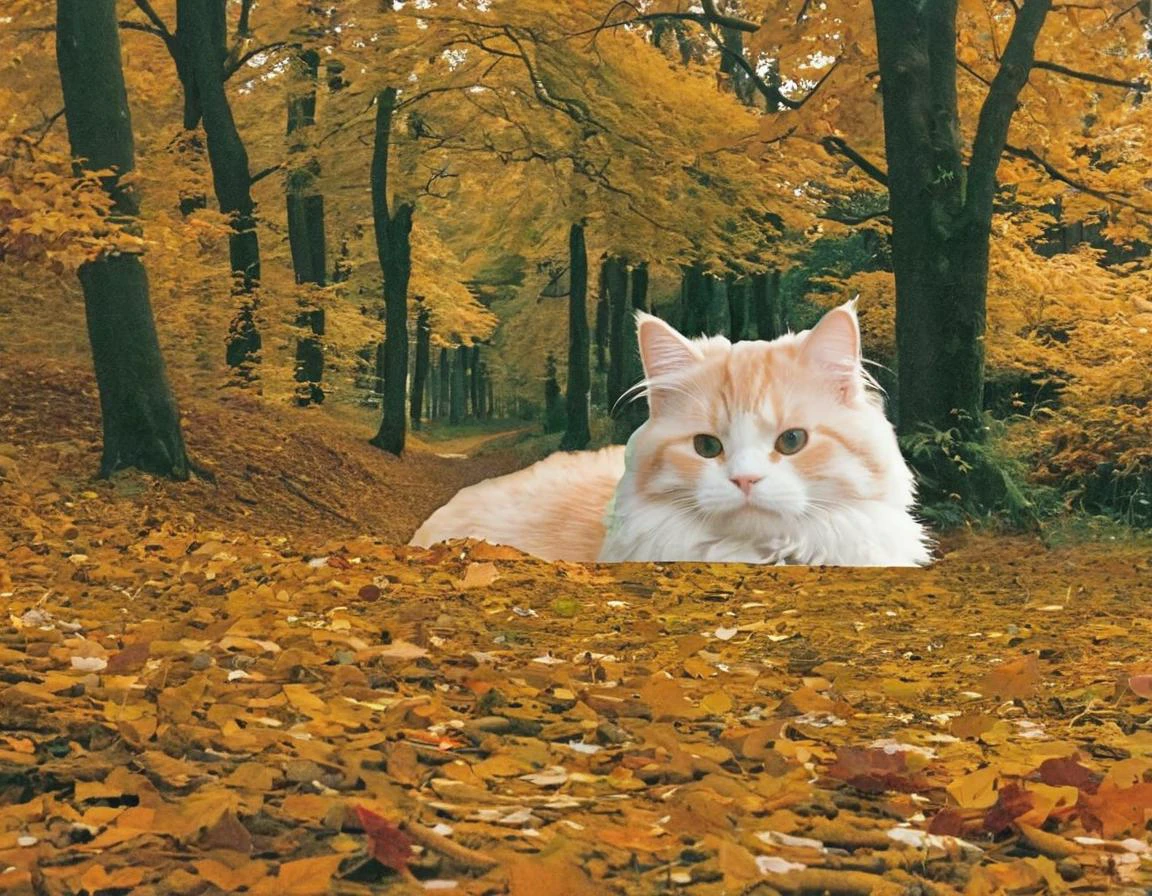 ginger fluffy cat in a autumn forest, 90sgum, y2kmad <lora:90sgum_v0.0.2-cap-e30:0.99> <lora:y2kmad_v0.0.2:0.35>