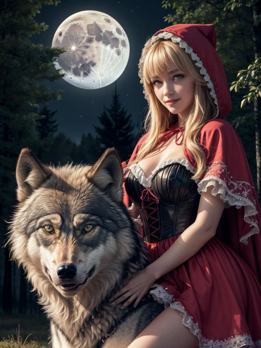 (realistic:1.3), finely detailed, quality, rembrandt lighting, (masterpiece:1.2), (photorealistic:1.2), (best quality), (detailed skin:1.3), (intricate details), dramatic, ray tracing, 1girl, little red riding hood, 21 years old, detailed skin texture, (blush:0.5), (goosebumps:0.5), subsurface scattering, smiling, medium breasts, long hair curls, blonde hair, bangs, hair between eyes, dress, frilled dress, corset, frills, frilled skirt, (wolf, riding:1.4), (night, moon, dark forest, trees), <lora:little_red_riding_hood_v0.1:1>