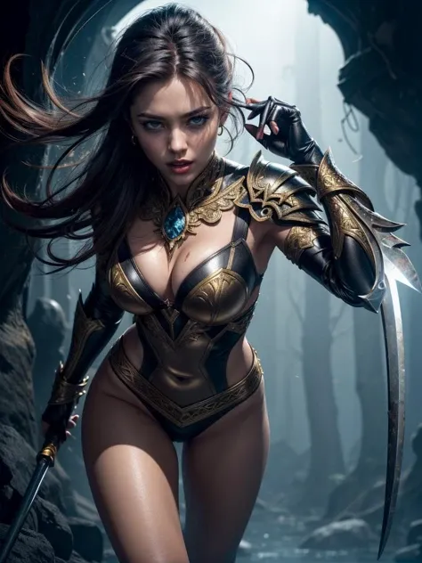 gorgeous woman, warrioress, with futuristic sword wrapped in dark structure, green leds, Beautiful girl, Waist slender, imponent pose, Grinning,sexly, extreme extravagant necklines