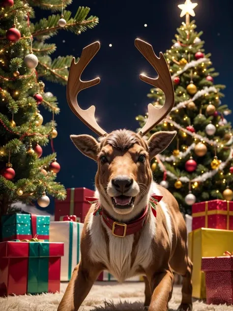 (masterpiece, high quality) a (raging:1.3) (upset:1.5) (reindeer:1.3) attacking a decorated christmas tree, no humans,