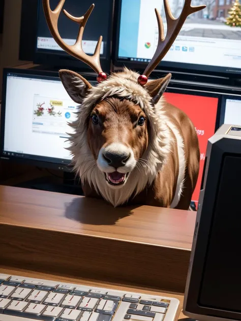 (masterpiece, high quality) a (raging:1.3) (upset:1.5) (reindeer:1.3) breaking keyboard because the reindeer is upset at a video game shown on the reindeer's monitor, no humans,