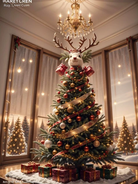a tall (raging reindeer:1.3) no humans, <lora:quiron_Chritsmas_v1_lora:0.8> ChristmasQuiron style, Christmas, Christmas decorations, Christmas tree,