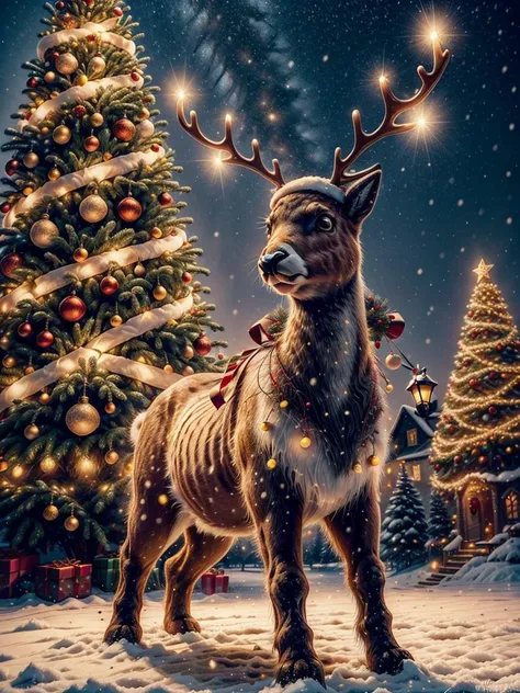 a tall (raging reindeer:1.3) no humans, <lora:quiron_Chritsmas_v1_lora:0.8> ChristmasQuiron style, Christmas, Christmas decorations, Christmas tree,