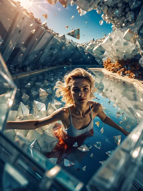 masterpiece, best quality, highly detailed, (colorful crystal cave:1.1), 1girl, floating, slight smile, <lora:ä¹ç« äºé¨æ²-å° Five movements - IceV2:0.8> nvshen, glass,broken glass,sunlight,