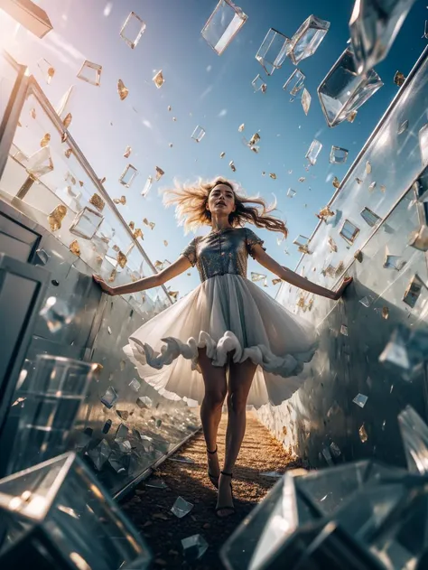 masterpiece, best quality, highly detailed, Liuligong Palace, 1girl, floating, surprised, <lora:ä¹ç« äºé¨æ²-å° Five movements - IceV1:0.8> nvshen, glass,broken glass,sunlight,,glass,broken glass,sunlight
