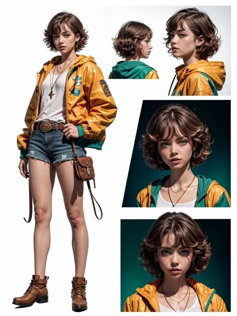 (CharacterSheet:1), 1girl, (pink short hair:1.3), (orange jacket, red shorts, bangs, white shirt, green pendant, red shoes, green eyes), fight pose,  (multiple views, full body, upper body, reference sheet:1),
(simple background, white background),
(masterpiece:1.2), (best quality, highest quality), (ultra detailed), (8k, 4k, intricate),(full-body-shot), (Cowboy-shot:1.4), (50mm), (highly detailed:1.2),(detailed face:1.2), detailed_eyes,(gradients),(ambient light:1.3),(cinematic composition:1.3),(HDR:1),Accent Lighting,extremely detailed,original, highres,(perfect_anatomy:1.2),
 <lora:CharacterDesign_Concept-10:0.5>