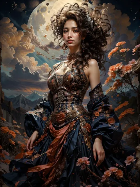 (realistic:1.3), finely detailed, quality, rembrandt lighting, (masterpiece:1.2), (photorealistic:1.2), (best quality), (detailed skin:1.3), (intricate details), dramatic, ray tracing, 1girl, japanese girl, 21 years old, smiling, detailed skin texture, (blush:0.5), (goosebumps:0.5), subsurface scattering, bj_elegant, long hair curls, parted bangs, windswept, floating hair, medium breasts, intricate, elegant, ornate, flowers, ribbons, frills, lace, dress, necklace, earrings, hair ornaments, (full moon, clouds, flowers, garden, cowboy shot), <lora:elegant:0.7>