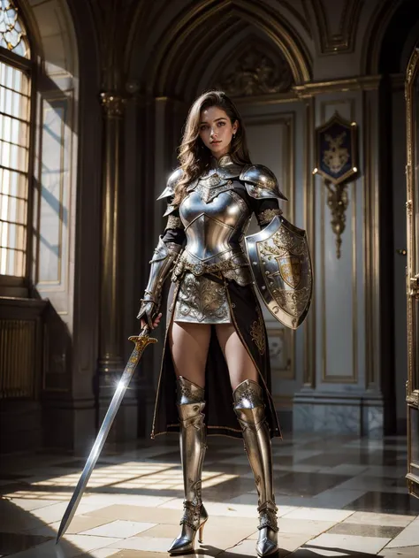 realistic, ((****ung and beautiful girl:1.2)), absurdres, (8k, best quality, masterpiece:1.2), professional photograph, dramatic light, (finely detailed face:1.2), female knight wearing a full suit of filigree silver armor, holding a shield (family crest, intricate design) in one hand, holding sword of gold in other hand, full body shot, castle interior background