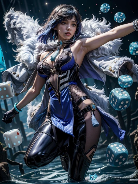 masterpiece, best quality, 1girl, solo, (((floating dice, blue dice, translucent dice, water dice))), genshin impact background, <lora:yelan:1> yelan \(genshin impact\), 1girl,vision \(genshin impact\), blue hair,short hair, green eyes, earrings, dice, jewelry, neck ring, mismatched gloves, , cleavage cutout,fur-trimmed jacket, jacket on shoulders, bare shoulders, dice, dress, tassel, mole on breast, tight pants, pelvic curtain, single elbow glove, sleeveless, bracelet, pants, action pose