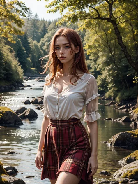 Best quality, masterpiece, ultra high res, absurdres, RAW photo, unity 8k wallpaper, cowboy shot, film grain, Fuji XT3,
1girl, Scottish 20 year old european white caucasian woman, red hair, green eyes, freckles, pale skin, wearing sexy celtic clothing, walking in a scottish forest next to a river, midday sunlight, sunbeams, butterflies, wind