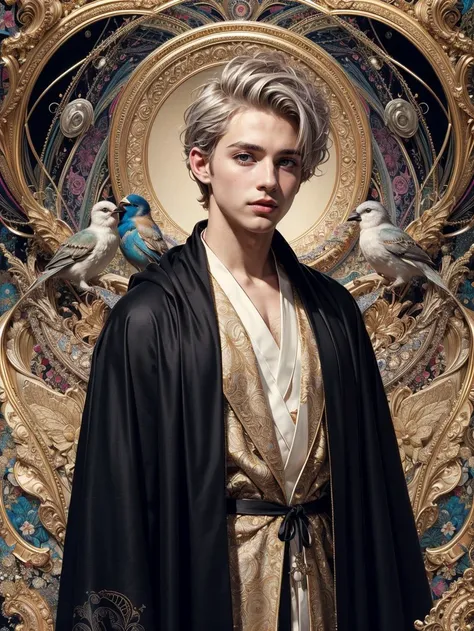 realistic, (masterpiece, top quality, best quality, official art, beautiful and aesthetic:1.2), extremely detailed,fractal art,colorful,highest detailed,zentangle,(abstract background:1.5) (1boy:1.3), (birds),silver hair, bright eyes,hair slicked back, short hair, black robe, full body shot