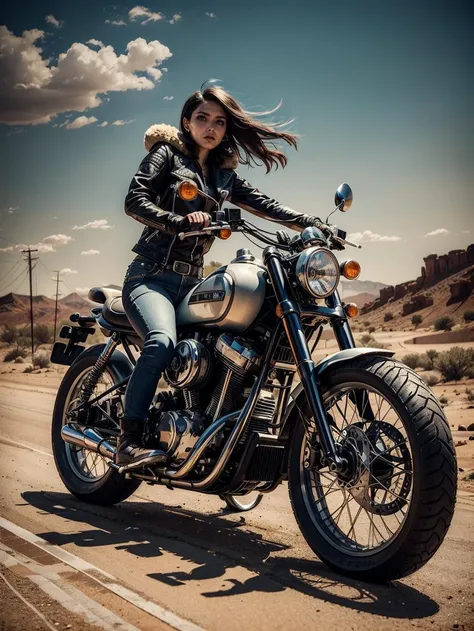 (masterpiece:1.2, best quality), female biker gang. armed and dangerous. mad max fashion style. desert apocalypse background, cinematic lighting.