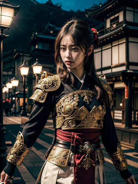 Japanese female samurai in filigree samurai armor, Japanese luxury castle background, action pose, cinematic lighting, 4k, vantablack <lora:japanesedolllikenessV1_v15:0.8>