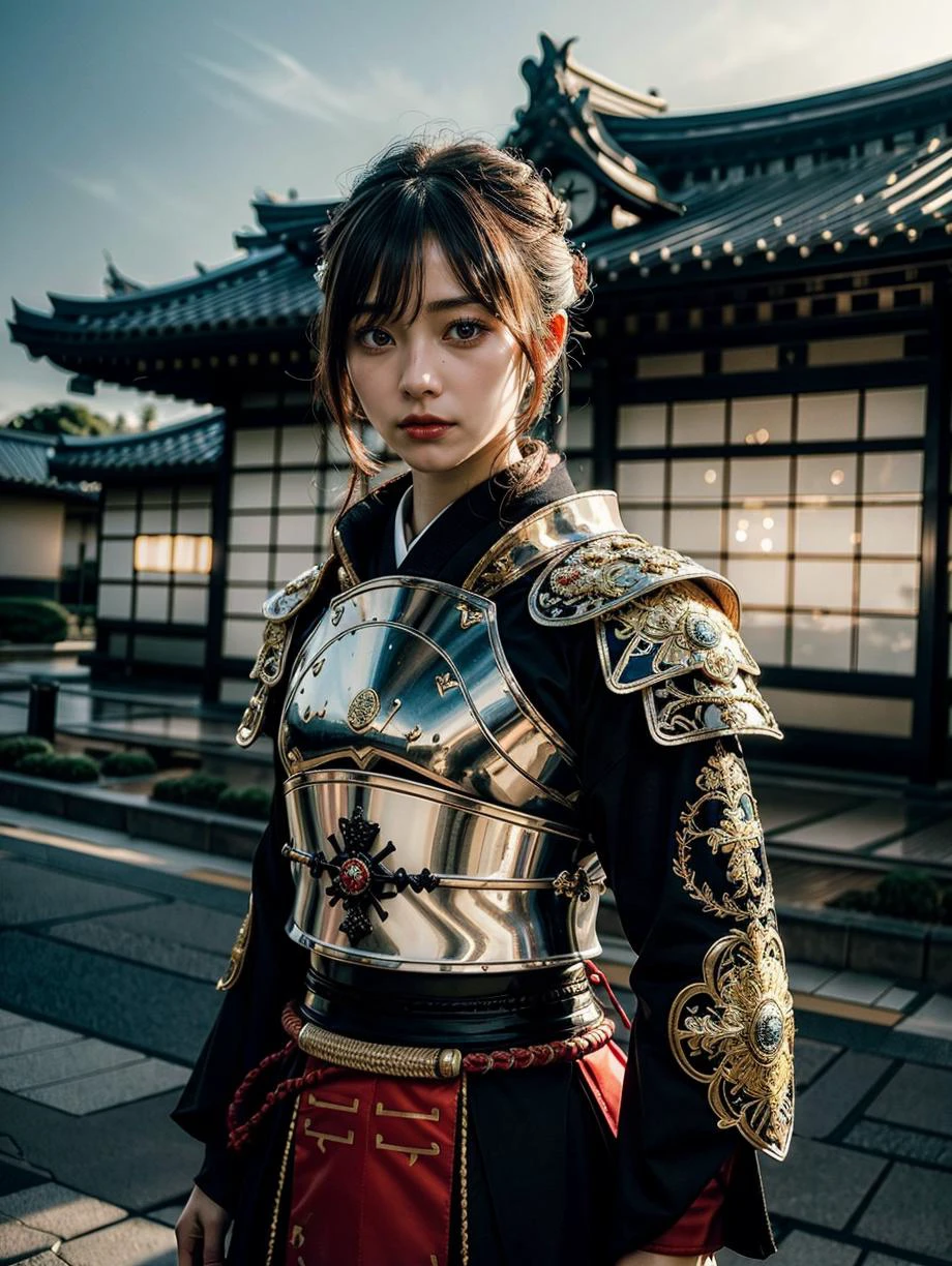Japanese female samurai in filigree samurai armor, Japanese luxury castle background, action pose, cinematic lighting, 4k, vantablack <lora:japanesedolllikenessV1_v15:0.8>