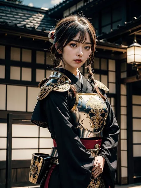 Japanese female samurai in filigree samurai armor, Japanese luxury castle background, action pose, cinematic lighting, 4k, vantablack  <lora:japanesedolllikenessV1_v15:0.8>