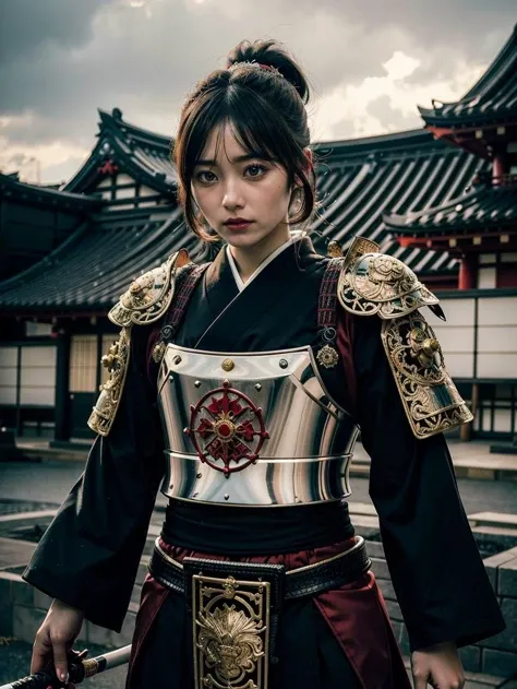 Japanese female samurai in filigree samurai armor, Japanese luxury castle background, action pose, cinematic lighting, 4k, vantablack <lora:japanesedolllikenessV1_v15:0.8>
