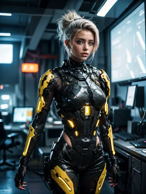 A photo of a male with a sleek and futuristic undercut hairstyle, accented with glowing neon streaks. He wears a high-tech bodysuit embedded with pulsating LED patterns, reflecting his tech-savvy nature. Positioned in a state-of-the-art cybernetics laboratory, he stands near a holographic interface, his hand effortlessly manipulating the virtual elements. The room is bathed in a cool blue light, enhancing the futuristic ambiance. Epic character composition, sharp focus, and natural lighting. The subsurface scattering effect adds a touch of an ethereal glow, while the f2 aperture and 35mm lens create a perfect balance of depth and detail. <lora:CyberPunkV2:0.7> 7cy6er7p0nk9
