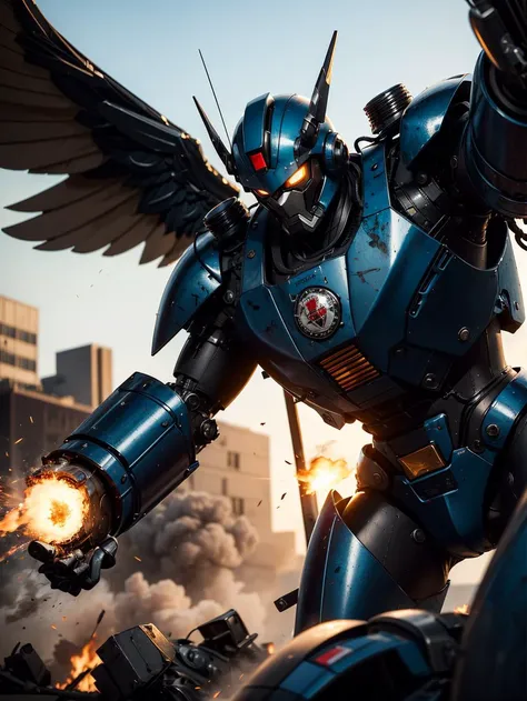 ((Masterpiece, best quality)), 1 giant battle super robot, glowing eyes, wing, firing lase beams, upper body portrait battlefield, sun, sunlight, blue sky, high contrast mech heavy armor, dynamic pose, backpack, fighting, firing, weapons, missiles, damaged, upper body close up shot smoke, dust, fire anime, motion lines, blurry, highres, extremely detailed, solo, sharp focus, cinematic lighting, <lora:epiNoiseoffset_v2:1>