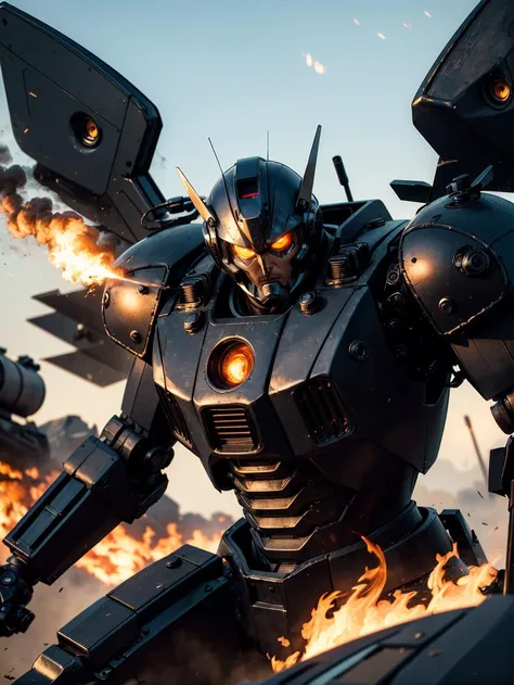 ((Masterpiece, best quality)), 1 giant battle super robot, glowing eyes, wing, firing lase beams, upper body portrait battlefield, sun, sunlight, blue sky, high contrast mech heavy armor, dynamic pose, backpack, fighting, firing, weapons, missiles, damaged, upper body close up shot smoke, dust, fire anime, motion lines, blurry, highres, extremely detailed, solo, sharp focus, cinematic lighting, <lora:epiNoiseoffset_v2:1>