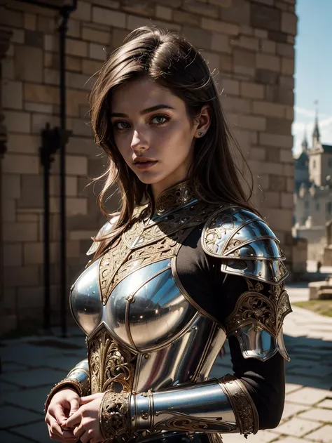 (masterpiece), (extremely intricate:1.3), (realistic), portrait of a girl, the most beautiful in the world, (medieval armor), metal reflections, upper body, outdoors, intense sunlight, far away castle, professional photograph of a stunning woman detailed, sharp focus, dramatic, award winning, cinematic lighting, octane render, unreal engine, volumetrics dtx, (film grain)
