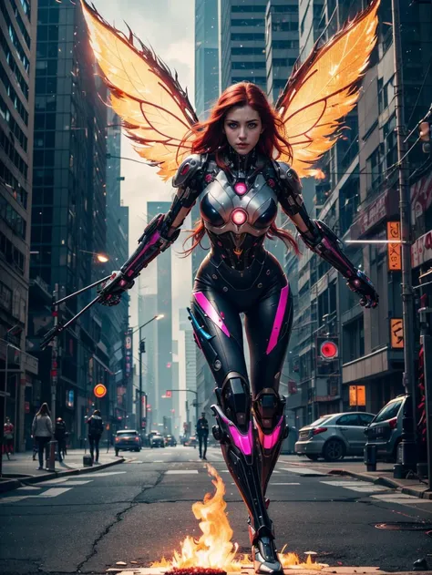 ((Masterpiece, best quality)), (8k, RAW photo, best quality, masterpiece:1.2), (realistic, photo-realistic:1.37), ultra high res, ultra-detailed ,full body, ((full-body shot)), woman, (((cyberpunk city))), beautiful detailed eyes, beautiful detailed lips, professional lighting, photon mapping, radiosity, physically-based rendering, detailed symmetrical lips, extremely detailed eyes and face, symmetrical mouth, extremely detailed face, symmetrical eyes ,detailed eyebrows, extremely detailed eyes, beautiful detailed eyes, extremely detailed face , light on face, (full body), looking at viewer, ((red hair)), ((long hair)), ((fairy)), ((mecha suit)), ((neon mechanical wings)), ((cyberpunk)), ((legs)), ((energy core at center of body)), ((fire sparks from wings)), _stardeaf-cold-arc_ ((octane render))