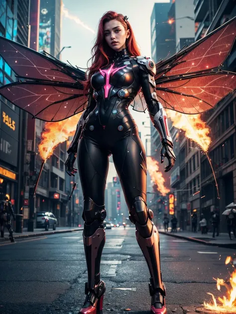 ((Masterpiece, best quality)), (8k, RAW photo, best quality, masterpiece:1.2), (realistic, photo-realistic:1.37), ultra high res, ultra-detailed ,full body, ((full-body shot)), woman, (((cyberpunk city))), beautiful detailed eyes, beautiful detailed lips, professional lighting, photon mapping, radiosity, physically-based rendering, detailed symmetrical lips, extremely detailed eyes and face, symmetrical mouth, extremely detailed face, symmetrical eyes ,detailed eyebrows, extremely detailed eyes, beautiful detailed eyes, extremely detailed face , light on face, (full body), looking at viewer, ((red hair)), ((long hair)), ((fairy)), ((mecha suit)), ((neon mechanical wings)), ((cyberpunk)), ((legs)), ((energy core at center of body)), ((fire sparks from wings)), _stardeaf-cold-arc_ ((octane render))