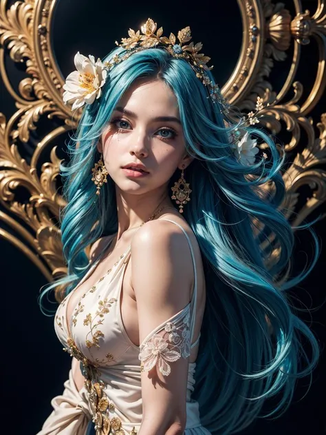 (masterpiece, best quality, beautiful and aesthetic:1.3), side view, 1 beautiful lady, Happy, smirk, (blue hair Gradient light cyan hair:1.6), Absurdly long hair, half updo half up half down, wavy end, shiny hair, Flowing hair, (glowing Emerald eyes), Exquisite eyes, Aqua eyes, Super high detail eyes, long upper eyelashes, cosmetic, focus on face, Very rich facial details, Pretty Face, Perfect breasts, Hot body, (The skin texture is delicate:1.2), white Wedding dress, Lace-trimmed dress, transparent, Wedding dress, outdoor, White Rose, garden, morning, Everlasting, Very detailed, detailed background, Octane Render, shallow depth of field