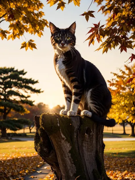 photo of a Cat poised gracefully atop an ancient oak tree, autumn leaves fluttering around, golden hour casting long shadows, backlit, sharp focus on feline, bokeh effect on background foliage, cinematic film still.