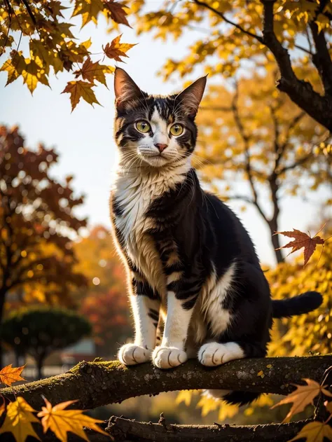photo of a Cat poised gracefully atop an ancient oak tree, autumn leaves fluttering around, golden hour casting long shadows, backlit, sharp focus on feline, bokeh effect on background foliage, cinematic film still.