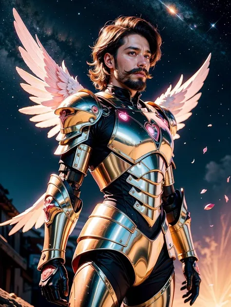1boy, angel, angel wings, pink and white armor, hearts on armor, detailed robot armor, wires, many armor sections, beard, blowing kiss, constellation, earth \(planet\), embers, facial hair, feathered wings, full moon, galaxy, glowing heart on chest, robotic armor, pink and white theme, male focus, mini wings, mustache, pink petals falling, realistic, shooting star, small wings, solo, pink wings, wings