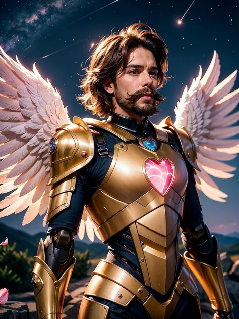 1boy, angel, angel wings, pink and white armor, hearts on armor, detailed robot armor, wires, many armor sections, beard, blowing kiss, constellation, earth \(planet\), embers, facial hair, feathered wings, full moon, galaxy, glowing heart on chest, robotic armor, pink and white theme, male focus, mini wings, mustache, pink petals falling, realistic, shooting star, small wings, solo, pink wings, wings