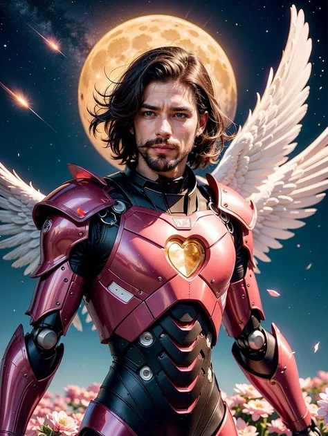 1boy, angel, angel wings, pink and white armor, hearts on armor, detailed robot armor, wires, many armor sections, beard, blowing kiss, constellation, earth \(planet\), embers, facial hair, feathered wings, full moon, galaxy, glowing heart on chest, robotic armor, pink and white theme, male focus, mini wings, mustache, pink petals falling, realistic, shooting star, small wings, solo, pink wings, wings