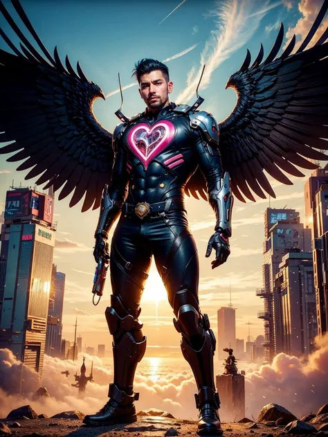 a man with a heart shaped heart in his chest and wings on his chest, standing in front of a sky with hearts, Chris LaBrooy, trending on artstation hq, cyberpunk art, fantasy art, cowboy shot