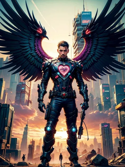 a man with a heart shaped heart in his chest and wings on his chest, standing in front of a sky with hearts, Chris LaBrooy, trending on artstation hq, cyberpunk art, fantasy art